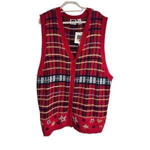 C.S.T. Sport Red Plaid Embroidered Button Front Sweater Vest Plus 3X NWT